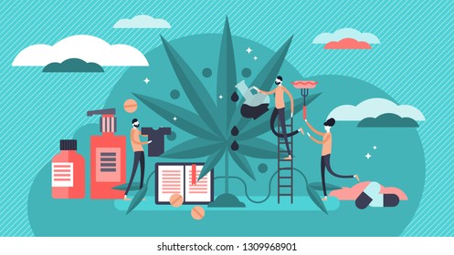 Cannabis Vector Illustration. Flat Tiny Persons Medical Raw Herb Collection Set. Natural Drug Plant Prescription For Health. Sustainable Ecological Clothing, Cosmetics, Food And Oil Ingredient Usage.