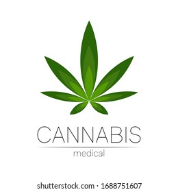 Cannabis Vector Logotype For Medicine And Doctor. Medical Marijuana Symbol. Pharmaceuticals With Plant And Leaf For Health. Concept Sign Of Green Herb. Green Color On White.