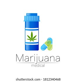 Blootipo vectorial de cannabis para medicamentos y médicos. Símbolo médico de marihuana con botella de píldora y cápsula. Productos farmacéuticos con plantas y hojas para la salud. Signo conceptual de hierba verde.