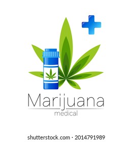 Cannabis Vector Logotype For Medicine And Doctor. Medical Marijuana Symbol With Pill Bottle And Blue Cross. Pharmaceuticals With Plant And Leaf For Health. Concept Sign Of Green Herb.