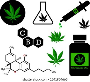 Cannabis vector oil bottle dropper leaf chemical formula green CBD weed drug medicine addiction marijuana  herbal importance need narcotic symbol stock illustration icons