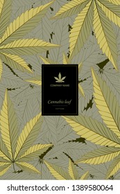 Cannabis vector pattern with marijuana leaves on golden foil for wrapping, wallpaper, ceramic, craft, textile, fabric