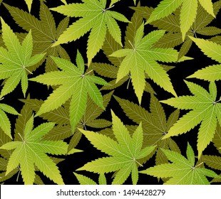 Cannabis vector pattern seamless marijuana leaves on golden foil for wrapping, wallpaper, ceramic, craft, textile, fabric