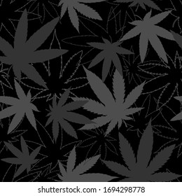 El vector de cannabis es un patrón transparente en colores monocromáticos negros y grises. Para fondo, textil, papel de embalaje, embalaje
