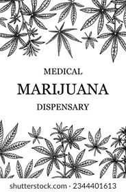 Cannabis vertical design for packaging, social media posts, store decoration, branding, certificates. Marijuana vector illustration in sketch style. Hemp engraved background