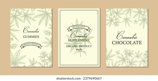 Cannabis Vertikaldesign für Verpackungen, Social-Media-Posts, Dekorationen, Branding, Zertifikate. Marijuana Vektorgrafik im Skizzenstil. Hanf-gravierter Hintergrund