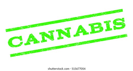 Cannabis watermark stamp. Text caption between parallel lines with grunge design style. Rubber seal stamp with unclean texture. Vector light green color ink imprint on a white background.