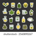 Cannabis wellness products set with herbal objects including capsules, jars, bottles, leaves, tea, muffins, bongs, droppers, and oil for healthcare and natural remedies