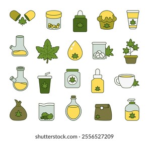 Cannabis wellness products set with herbal objects including capsules, jars, bottles, leaves, tea, muffins, bongs, droppers, and oil for healthcare and natural remedies