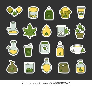 Cannabis wellness products set with herbal objects including capsules, jars, bottles, leaves, tea, muffins, bongs, droppers, and oil for healthcare and natural remedies