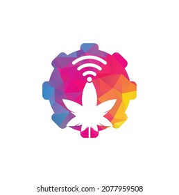 Cannabis wifi gear shape vector logo design. Hemp and signal symbol or icon.