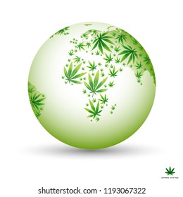 Cannabis world map composition of marijuana leaves. Narcotic distribution template. Vector world map is made of green cannabis leaves. Abstract territorial plan in green color hues.