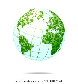 Cannabis world map composition of marijuana leaves. Narcotic distribution template. Vector world map is made of green cannabis leaves. Abstract territorial plan in green color hues.