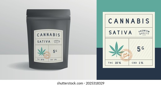 Cannabis zip package, pouch mockup. Vintage trendy label, sticker template. Marijuana label. Zipper mockup template for logo, brand, sticker, label. Vector illustration