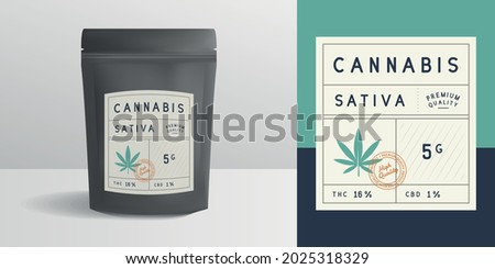 Cannabis zip package, pouch mockup. Vintage trendy label, sticker template. Marijuana label. Zipper mockup template for logo, brand, sticker, label. Vector illustration