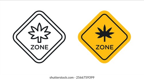 Cannabis zone traffic signs in black outline, solid and colored style