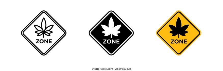 Cannabis zone traffic signs flat and linear vector illustration on white background.