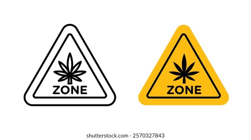 Cannabis zone traffic signs vectors set in black. line and flat versions