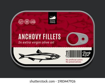 Canned Anchovy Label Template, Vector Fish Tin Can With Label Cover, Packaging Design Concept