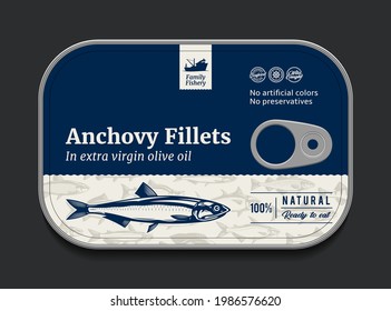 Plantilla de etiqueta de anchoa en lata, lata de pescado vectorial con cubierta de etiqueta, concepto de diseño de embalaje