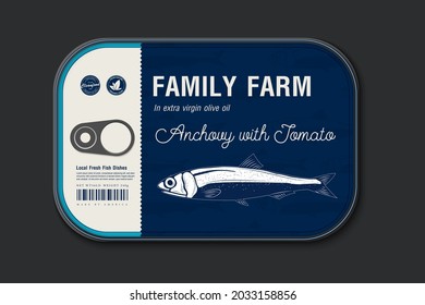 Canned Anchovy Label Template, Vector Fish Tin Can With Label Cover, Packaging Design Concept