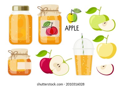 Canned apples. Compote and jam or marmalade in jars, drink in glass, Apples sketch for label. Canned fruit. Fruit conservation vector illustration. Farmer Market Branding. Organic food template.