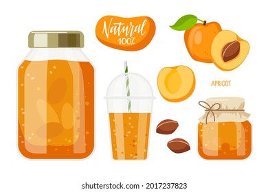 Canned apricot. Compote and jam or marmalade in jars, drink in glass, Natural 100 percents label. Canned fruit. Fruit conservation vector illustration. Farmer Market Branding. Organic food template.