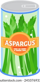 Canned asparagus vector illustration with label design. Preserved food product packaging illustration.
