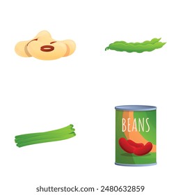 Canned bean icons set cartoon vector. Bean in pod and tin can. Legume, canned food