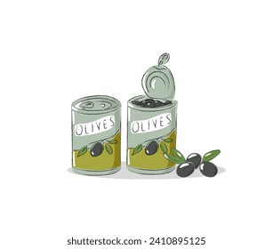 Canned black olives in a tin outline with a branch of olives vector illustration. Black olives in closed and opened cans. Marinated or pickled black olives with stone in a tin can.