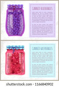 Canned blueberries and raspberries in jars banners set. Preserved berries inside glass containers beside text, conserved food, vector illustrations.
