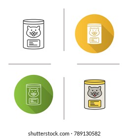 Canned cat food icon. Flat design, linear and color styles. Isolated vector illustrations