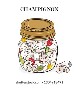 Canned champignons and spices. Chilli, cayenne pepper. Clove, garlic, peppercorns, anise, bay leaf. Mushrooms in a glass jar. Healthy homemade food, vegetarianism.