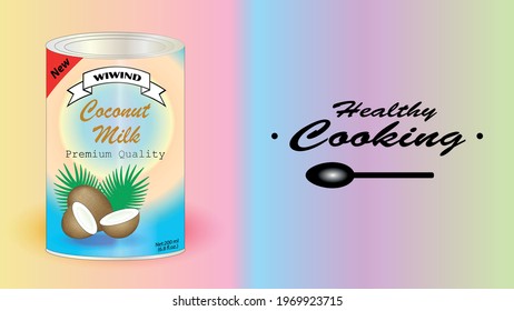 Canned Coconut Milk. Vegetable Vegan Milk. Alternative Milk. Vector Illustration.