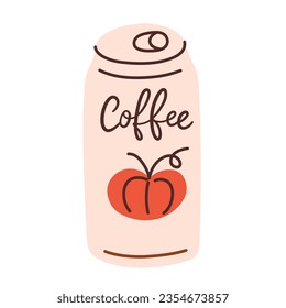 Canned coffee icon, vector doodle illustration of cold brew, trendy snapchill coffee in can, pumpkin spice latte, autumn drinks, isolated colored clipart on white background