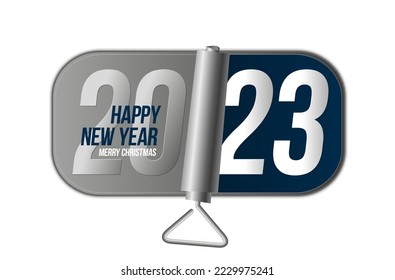 Canned container on a white background. Tin can and key opens 2023. Concept banner Happy New Year and Christmas 