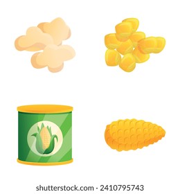 Canned corn icons set cartoon vector. Corn cob and canned product. Snack, food concept