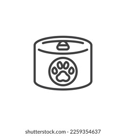 Icono de la línea de comida de perro en lata. signo de estilo lineal para concepto móvil y diseño web. Alimentos en lata con icono vectorial de contorno de garras. Símbolo, ilustración del logotipo. Gráficos vectoriales