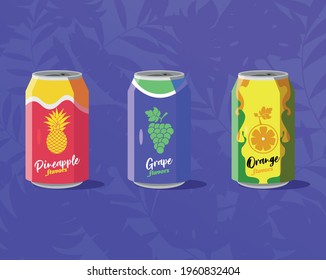 Bebidas enlatadas, vectores hechos con ilustraciones de volumen junto a sus iconos.