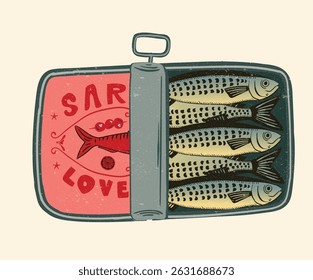 Canned fish artwork. Sardines fish artwork for t shirt print, poster, sticker and other uses. Seafood t shirt design. Sardines love club. olive, lemon and tomato artwork.