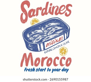 Canned fish artwork. Sardines fish artwork for t shirt print, poster, sticker and other uses. Seafood t shirt design. Sardines tin love club. Sardines fish market in portugal.