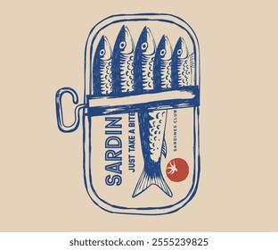 Canned fish artwork. Fish vintage artwork. Sardines fish artwork for t shirt print, poster, sticker and other uses. Seafood t shirt design.