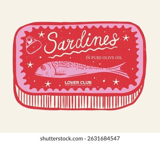 Canned fish artwork. Fish vintage artwork. Sardines love club. In pure olive and lemon. Dinner party. Sardines fish artwork for t shirt print, poster, sticker and other uses.