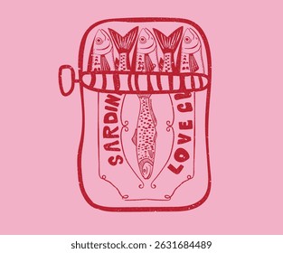 Canned fish artwork. Fish vintage artwork. Seafood t shirt design. Sardines love club. In pure olive and lemon. Dinner party. Sardines fish artwork for t shirt print, poster, sticker and other uses.