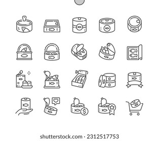 Canned fish. Camping food. Price and buy. Pets food. Pixel Perfect Vector Thin Line Icons. Simple Minimal Pictogram