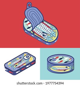 Canned fish. Flat illustration of 3 tuna fish can vector icons for web.
