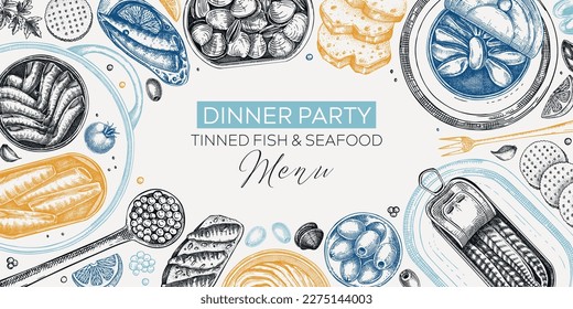 Canned fish frame design in color. Seafood background with hand-drawn sardines, anchovy, mackerel, tuna, mussels in tin cans, fish canapes, olives, and crackers sketches. Tinned fish vector frame