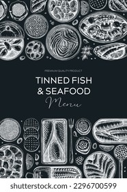 Canned fish frame on chalkboard. Seafood background with hand-drawn sardines, anchovy, mackerel, tuna, mussels in tin cans, fish canapes drawings. Finger food party banner or flyer. Tinned fish sketch