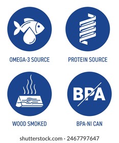 Canned fish icons set - Omega-3 source, Protein source, Wood smoked, BPA-NI can. Labeling of sea food, pictograms in flat style