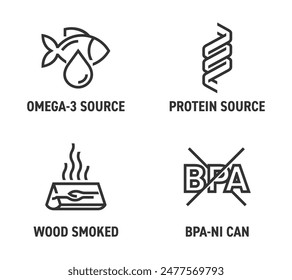 Canned fish icons set - Omega-3 source, Protein source, Wood smoked, BPA-NI can. Labeling of sea food, pictograms in bold line